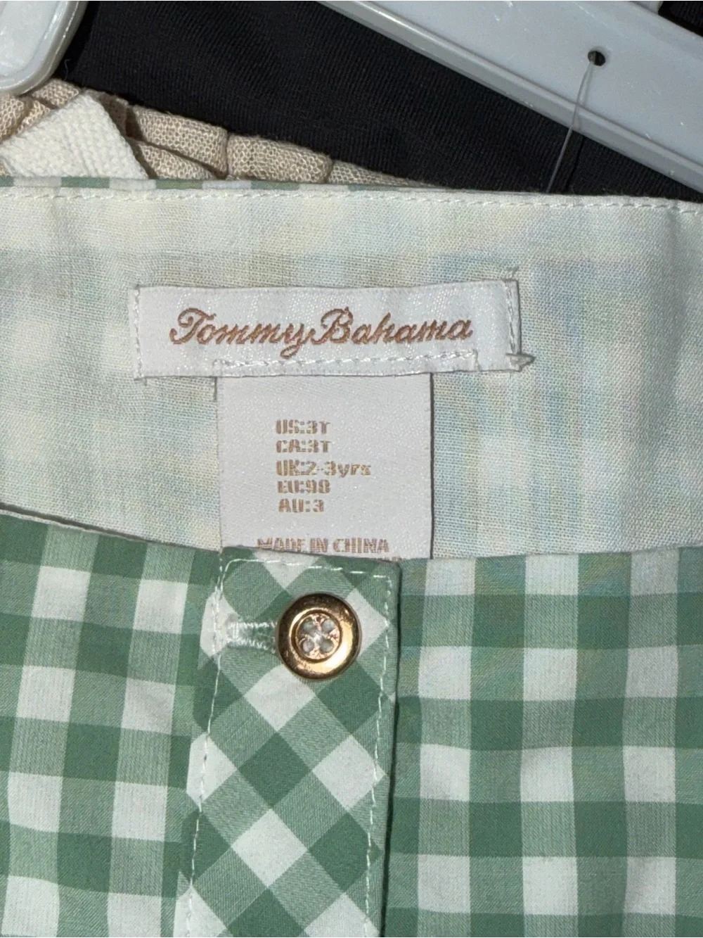 Tommy Bahama Green Gingham Puff-Sleeve Top with Cream Pants 3T